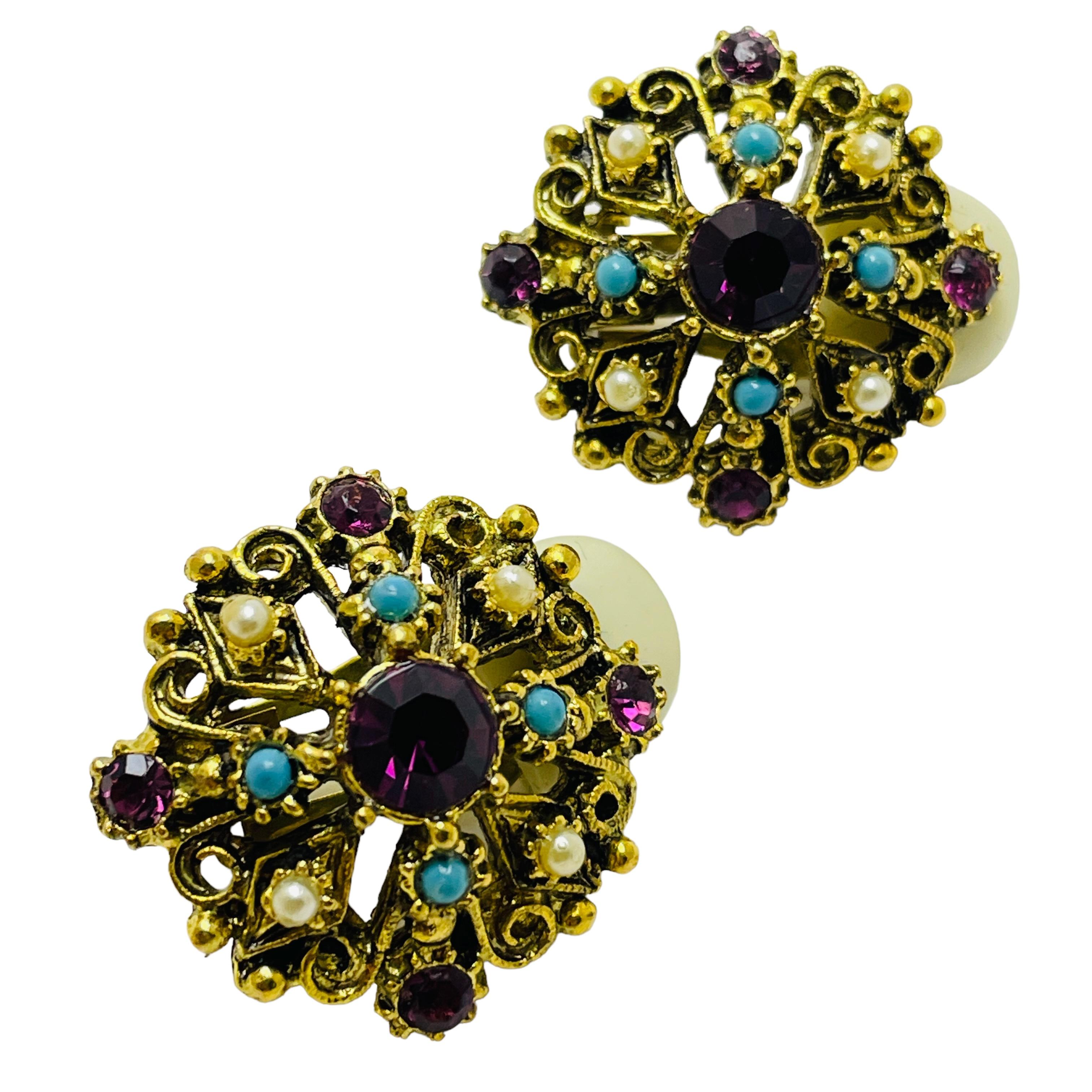 Women's or Men's Vintage gold faux gemstones designer runway clip on earrings For Sale