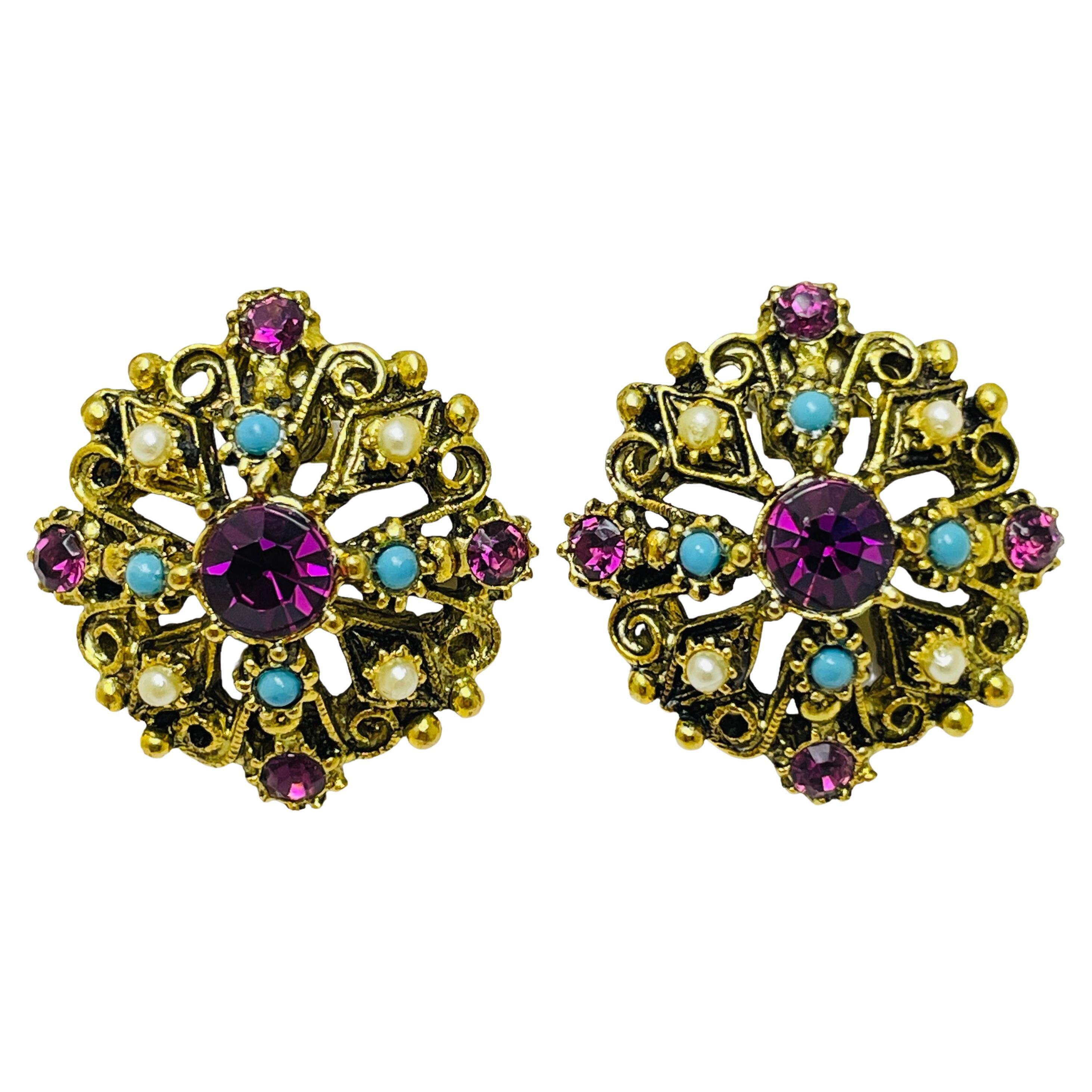 Vintage gold faux gemstones designer runway clip on earrings For Sale