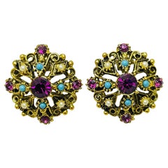 Vintage gold faux gemstones designer runway clip on earrings