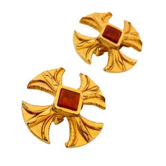 Vintage gold faux glass carnelian Maltese cross designer runway clip on earrings