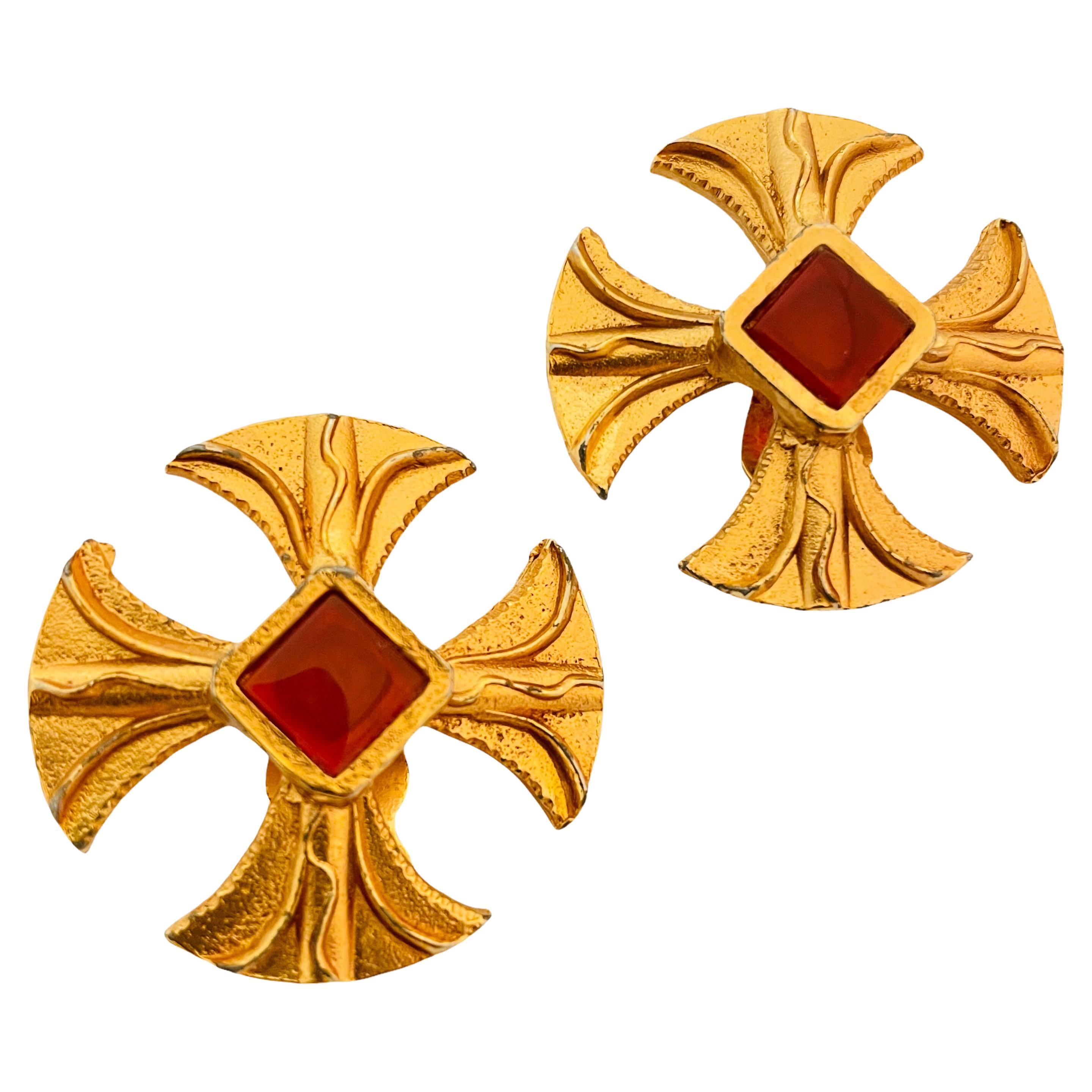 Vintage gold faux glass carnelian Maltese cross designer runway clip on earrings For Sale