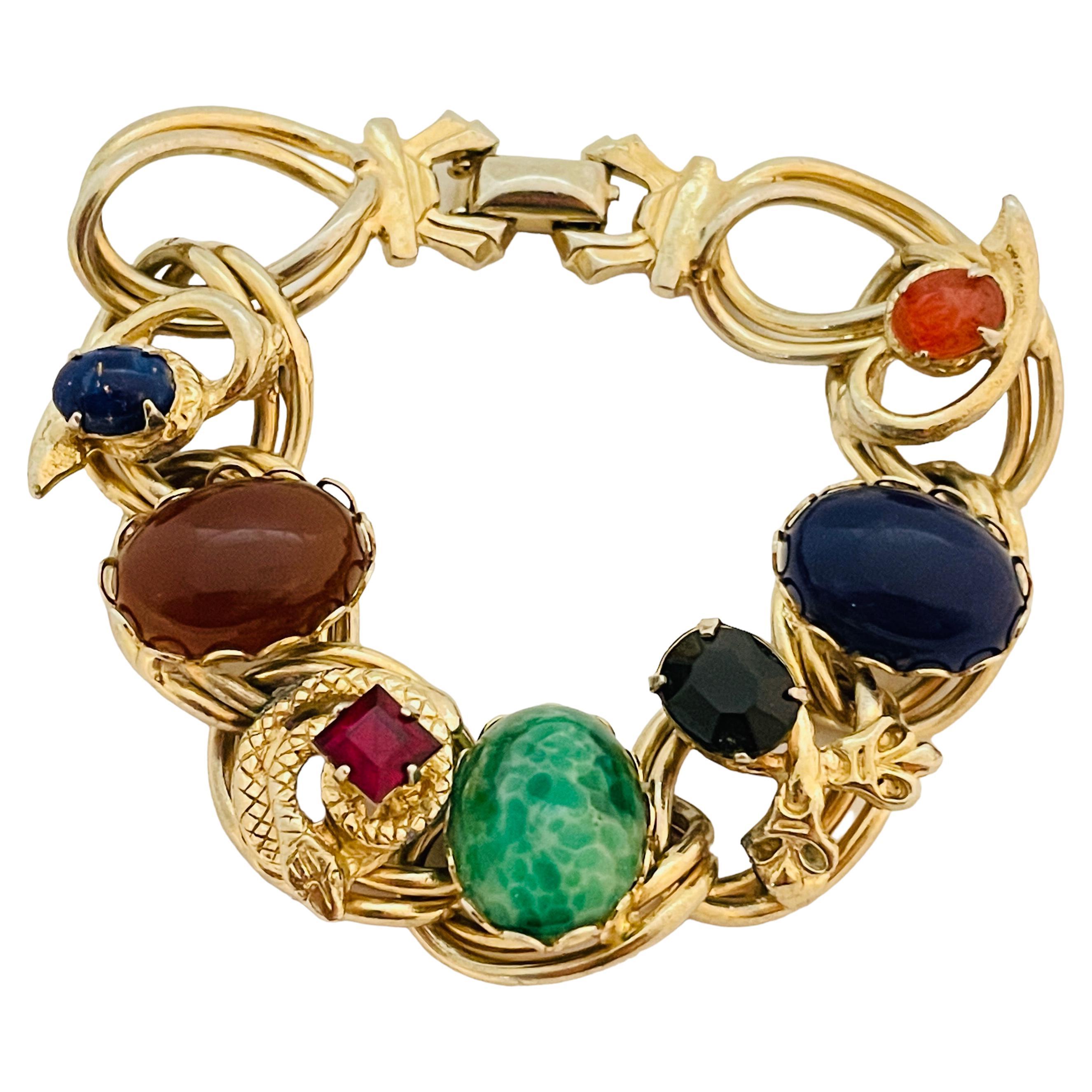 Vintage gold faux glass gemstone designer bracelet For Sale