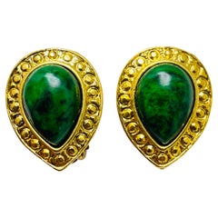 Vintage gold faux green stone designer runway clip on earrings