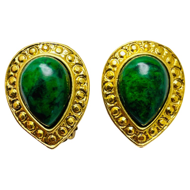 Boucles D'oreilles Vintage En Résine Verte - Perles - Fermoir Clip - Occasion Bon état