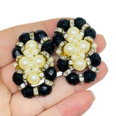 Vintage gold faux pearls black crystals designer French clip on earrings