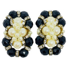 Vintage gold faux pearls black crystals designer French clip on earrings
