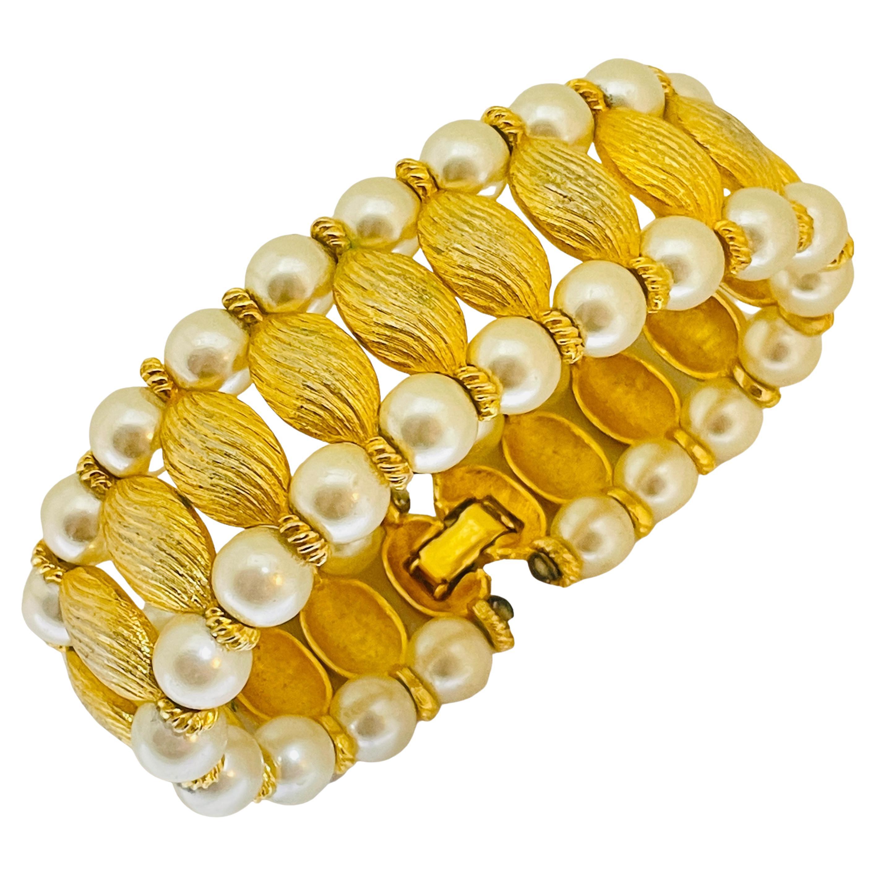 Vintage gold faux pearls designer runway bracelet For Sale