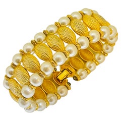 Vintage gold faux pearls designer runway bracelet 