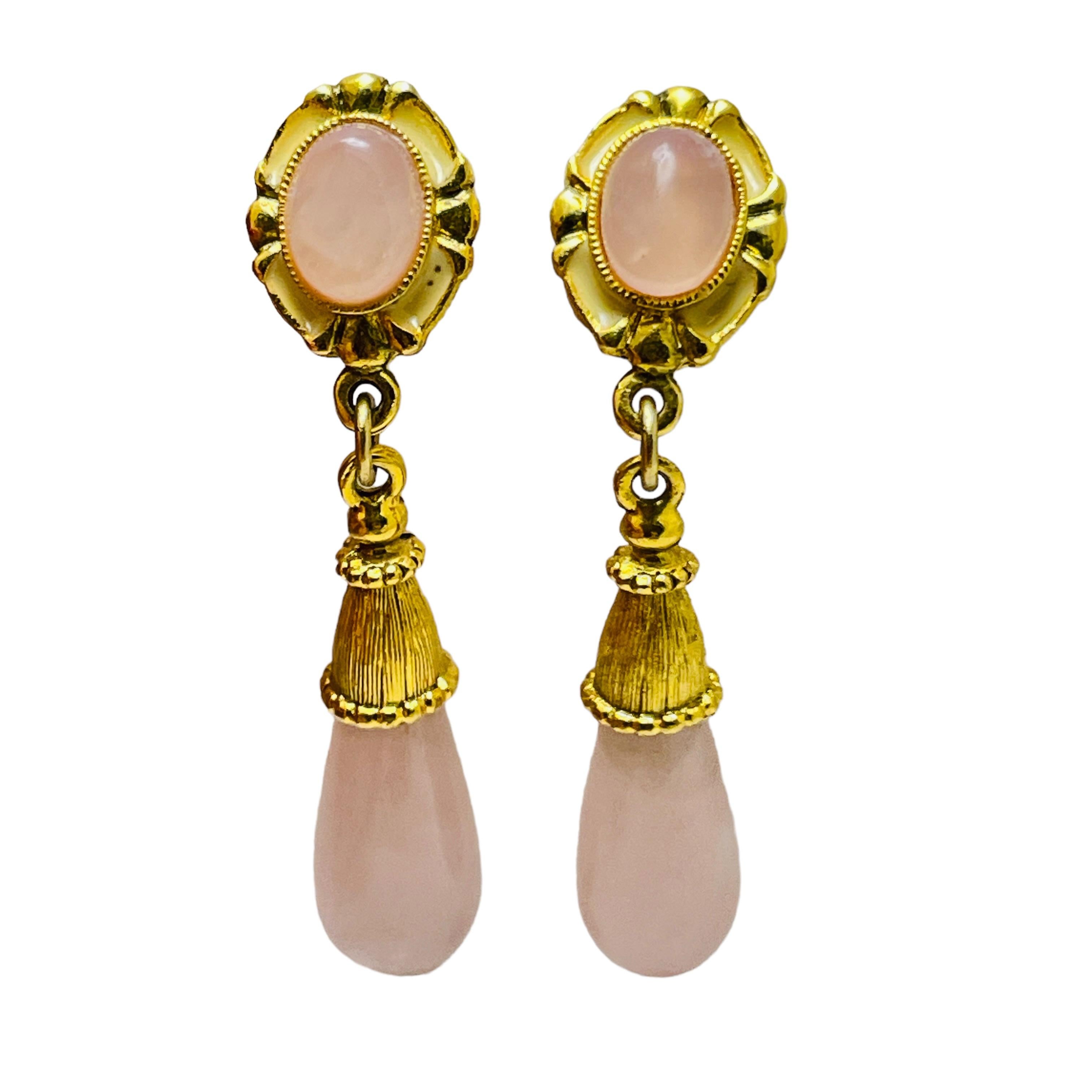 Vintage gold faux pink stone drop designer clip on earrings For Sale