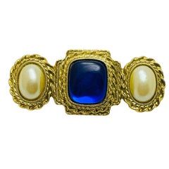 Vintage gold faux sapphire pearl designer brooch