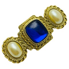  Vintage gold faux sapphire pearl designer brooch