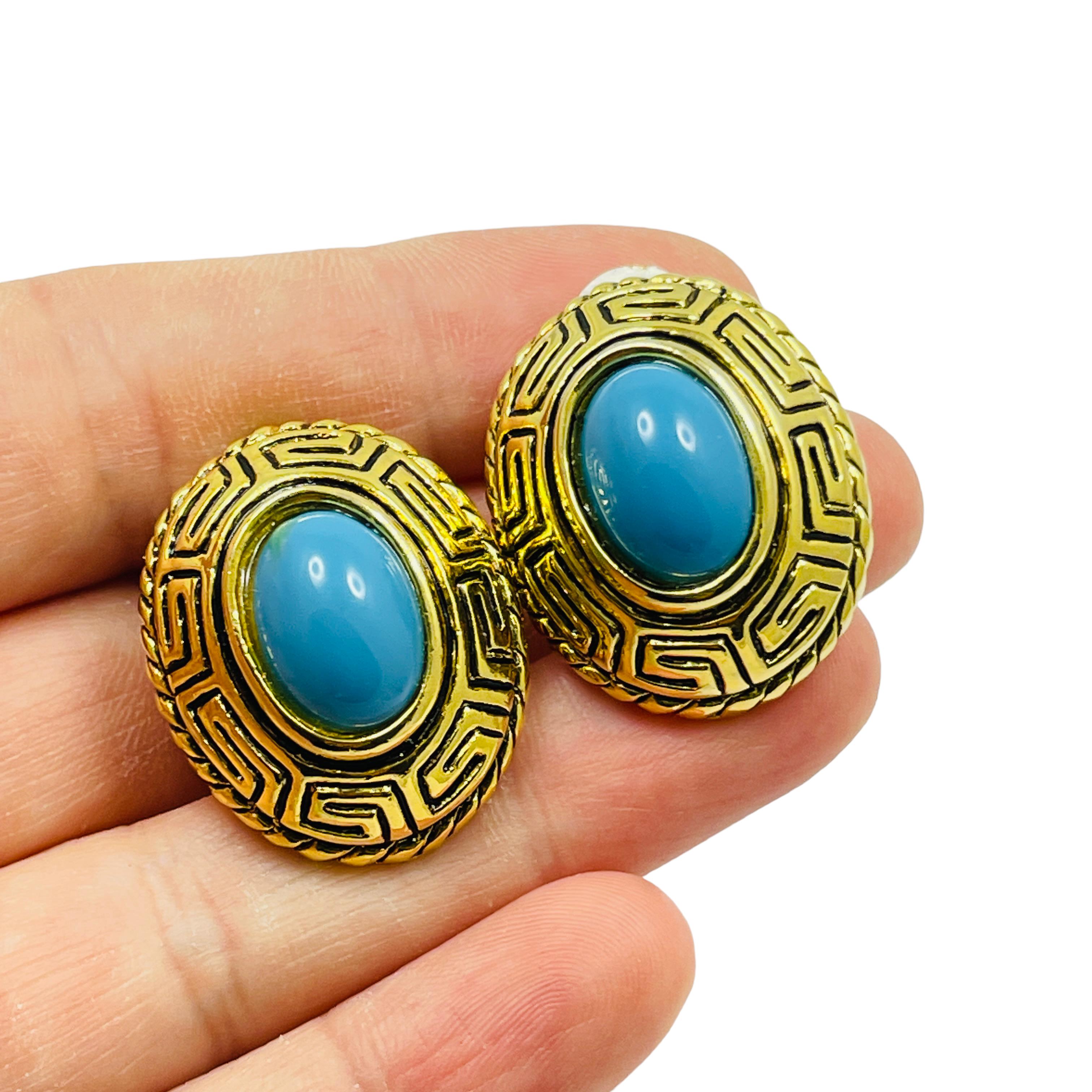 Women's or Men's Vintage gold faux turquoise designer runway clip on earrings