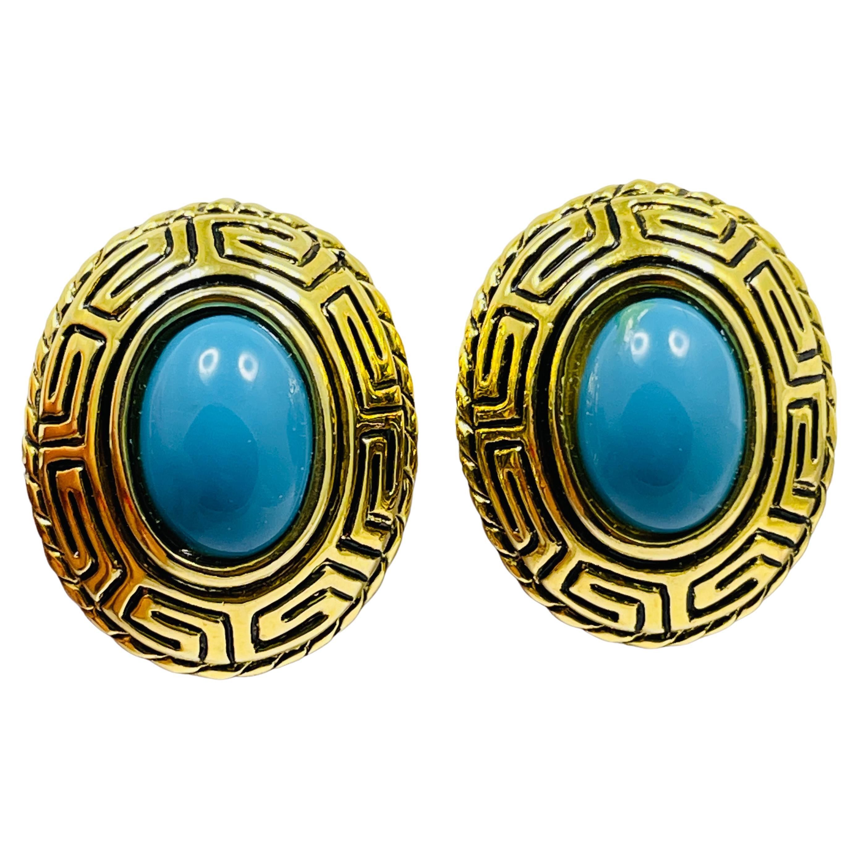 Vintage gold faux turquoise designer runway clip on earrings