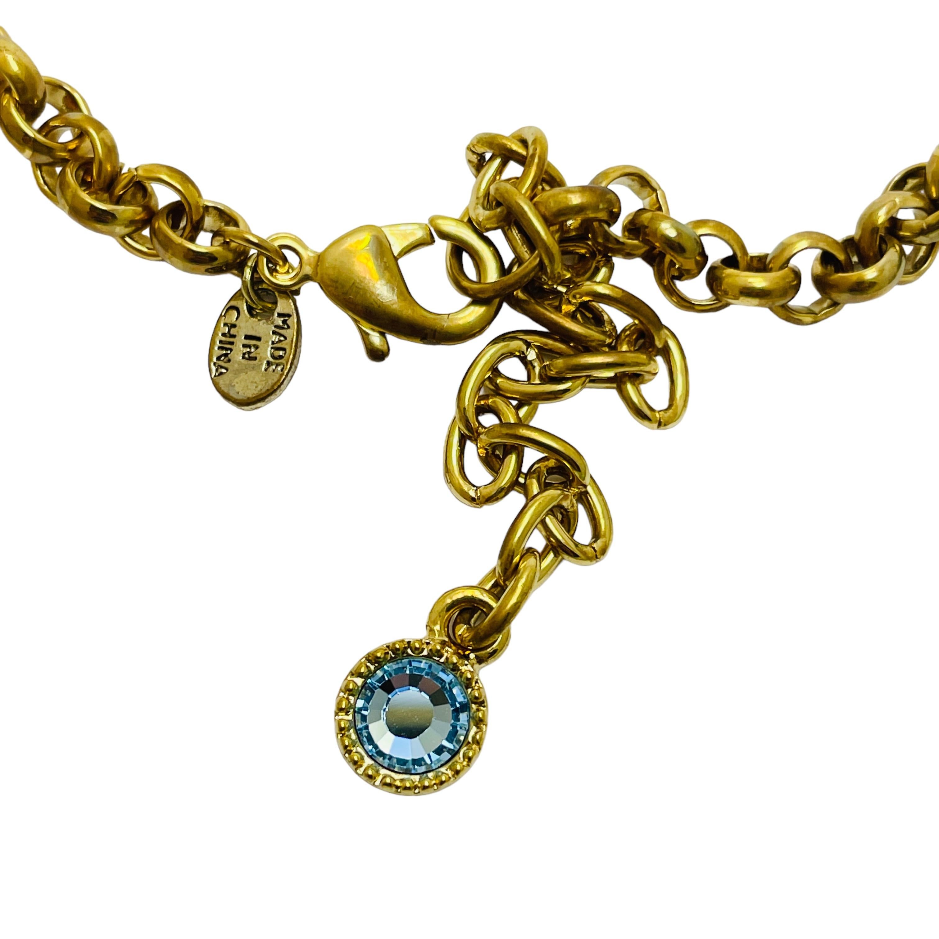Vintage gold faux turquoise glass designer runway necklace In Good Condition For Sale In Palos Hills, IL