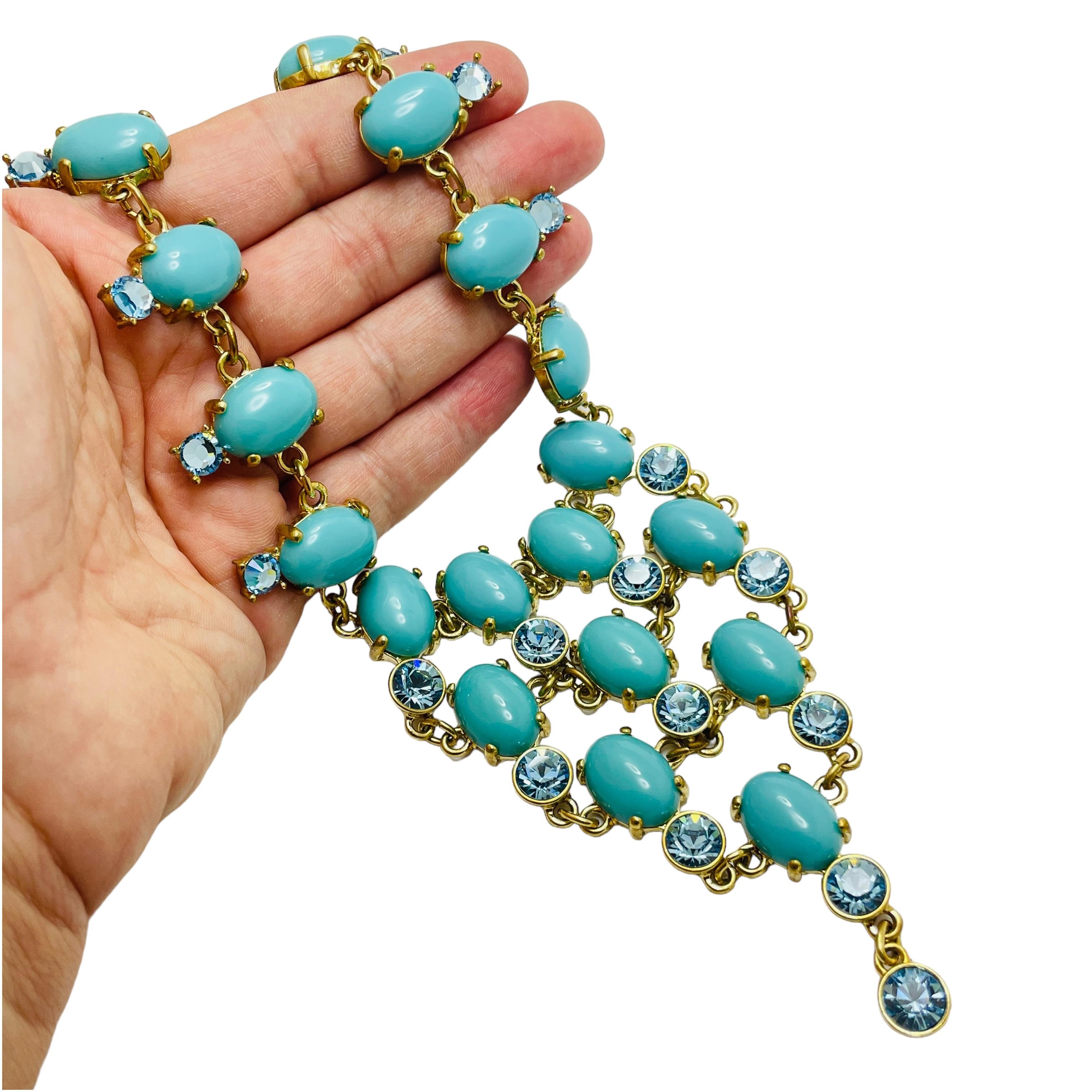 Vintage gold faux turquoise glass designer runway necklace For Sale 1