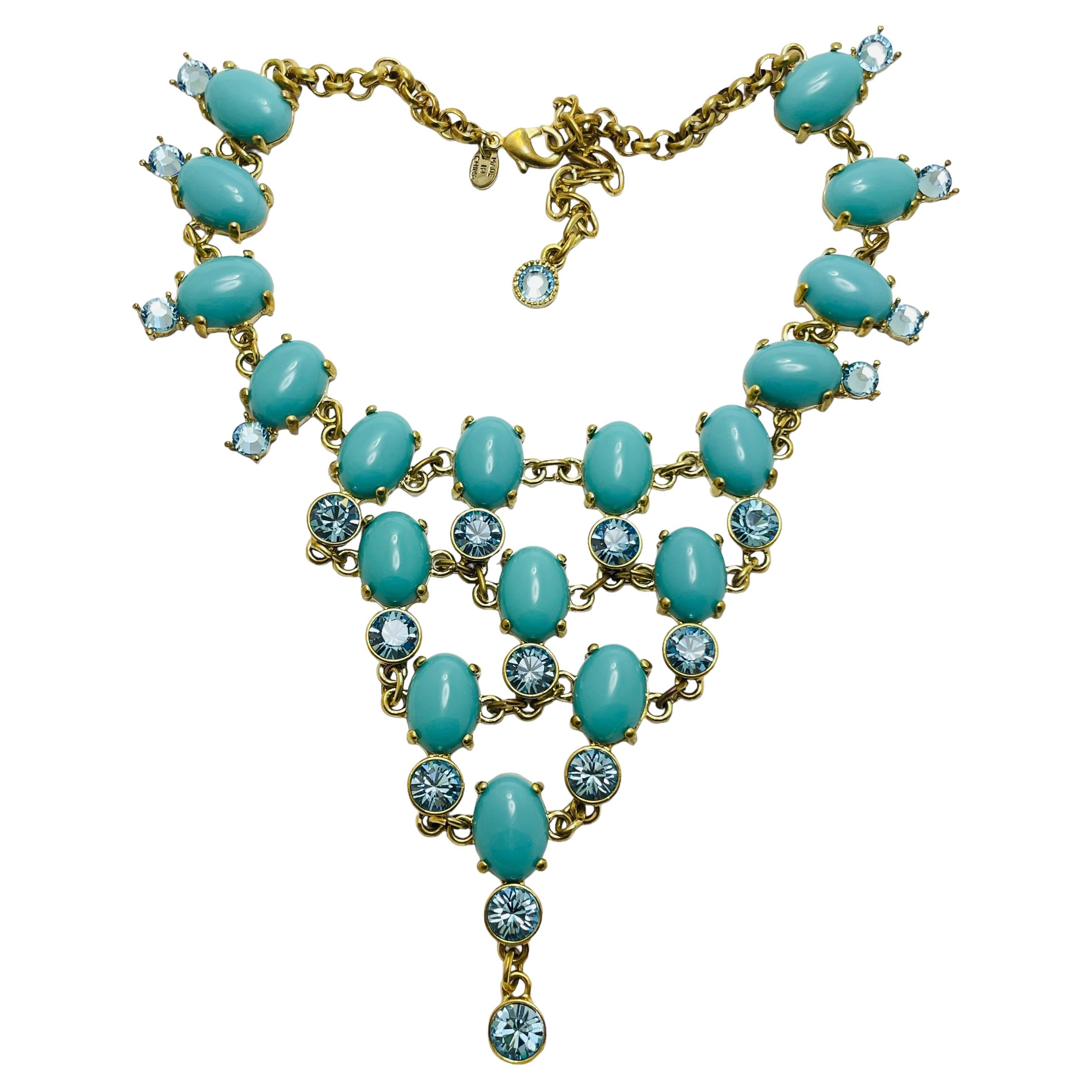 Vintage gold faux turquoise glass designer runway necklace For Sale