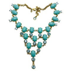 Vintage gold faux turquoise glass designer runway necklace