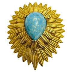 Vintage gold faux turquoise massive designer brooch