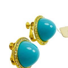 Vintage gold faux turquoise rhinestone designer runway clip on earrings