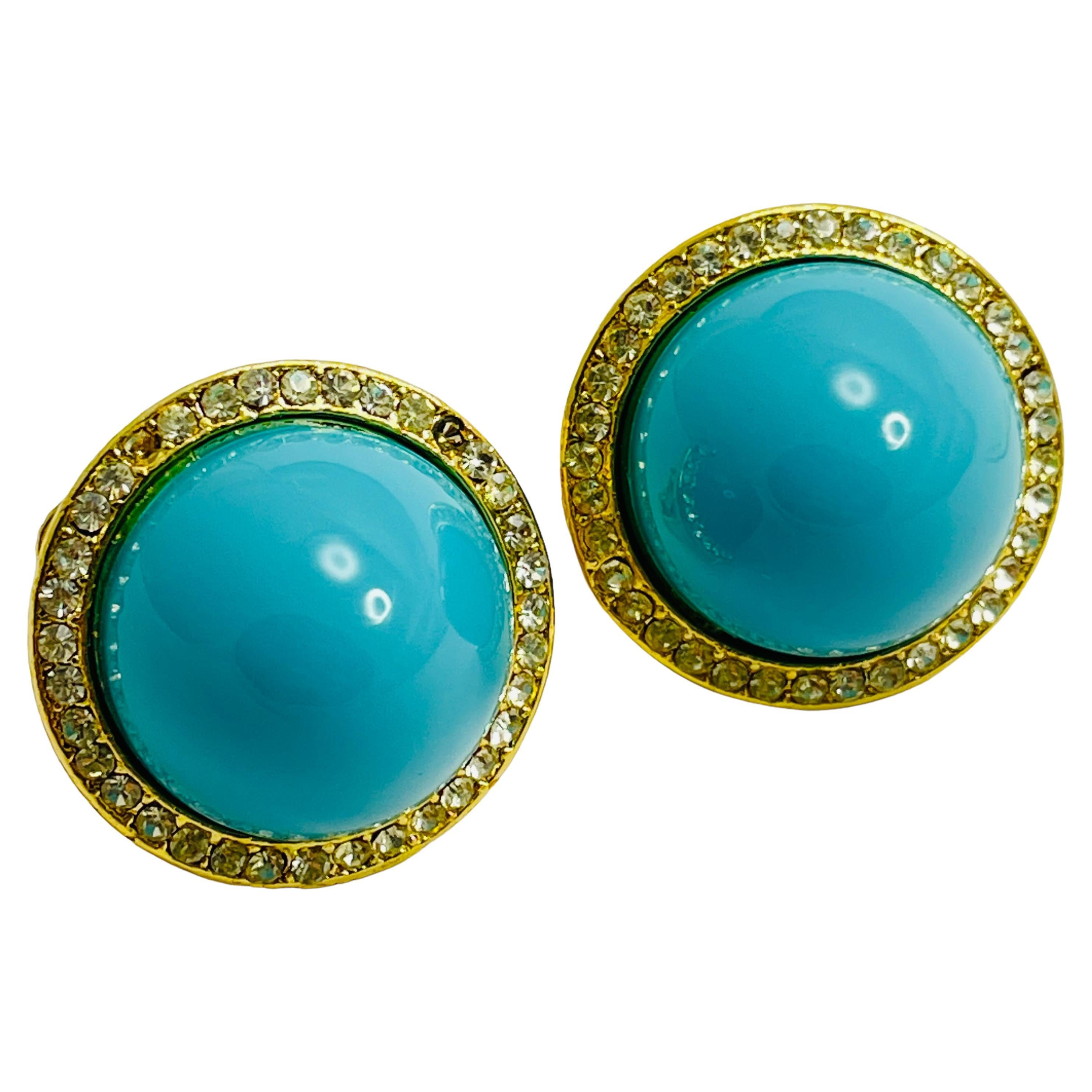 Vintage gold faux turquoise rhinestone designer runway clip on earrings For Sale
