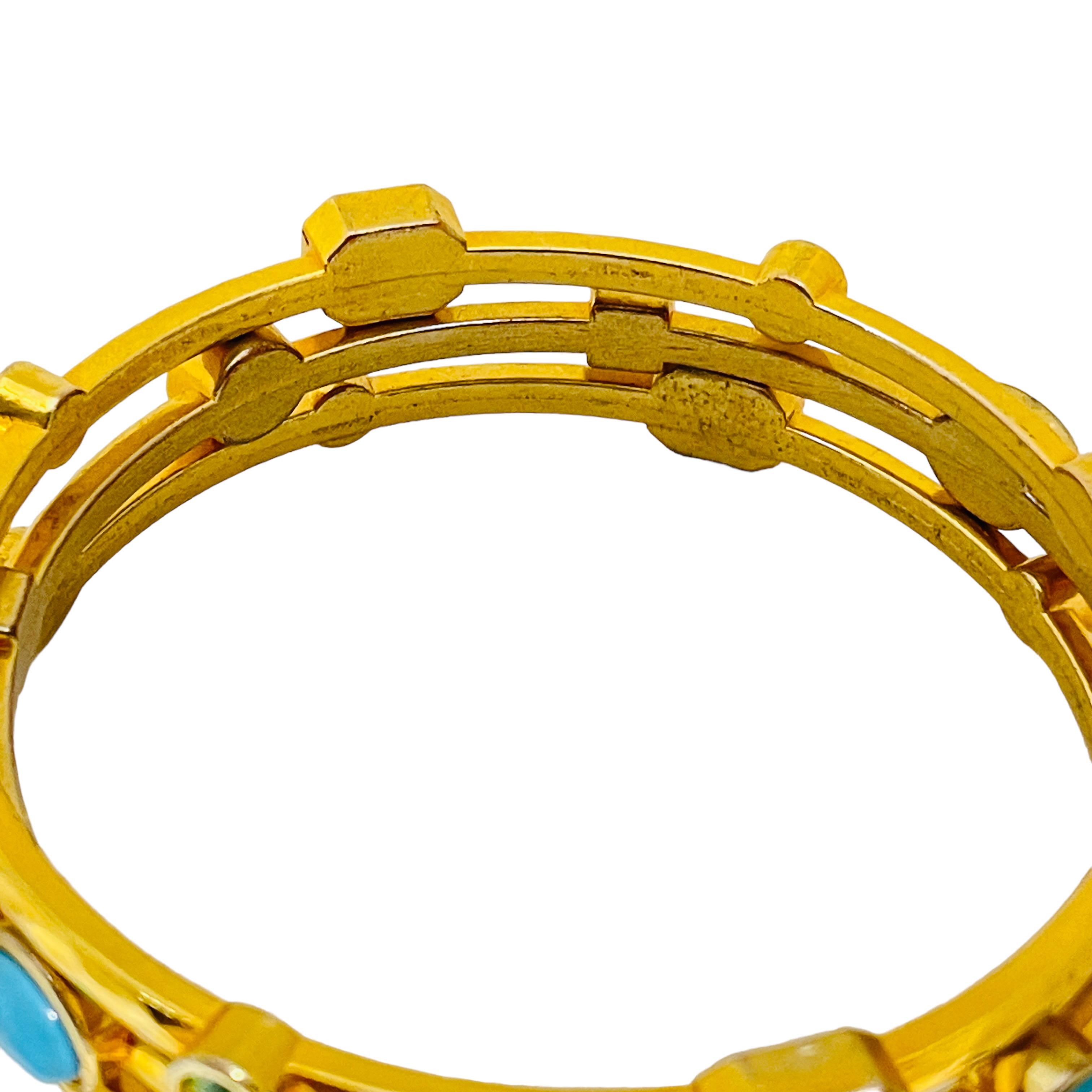 Vintage gold faux turquoise set of 3 designer bangle bracelets  In Excellent Condition For Sale In Palos Hills, IL