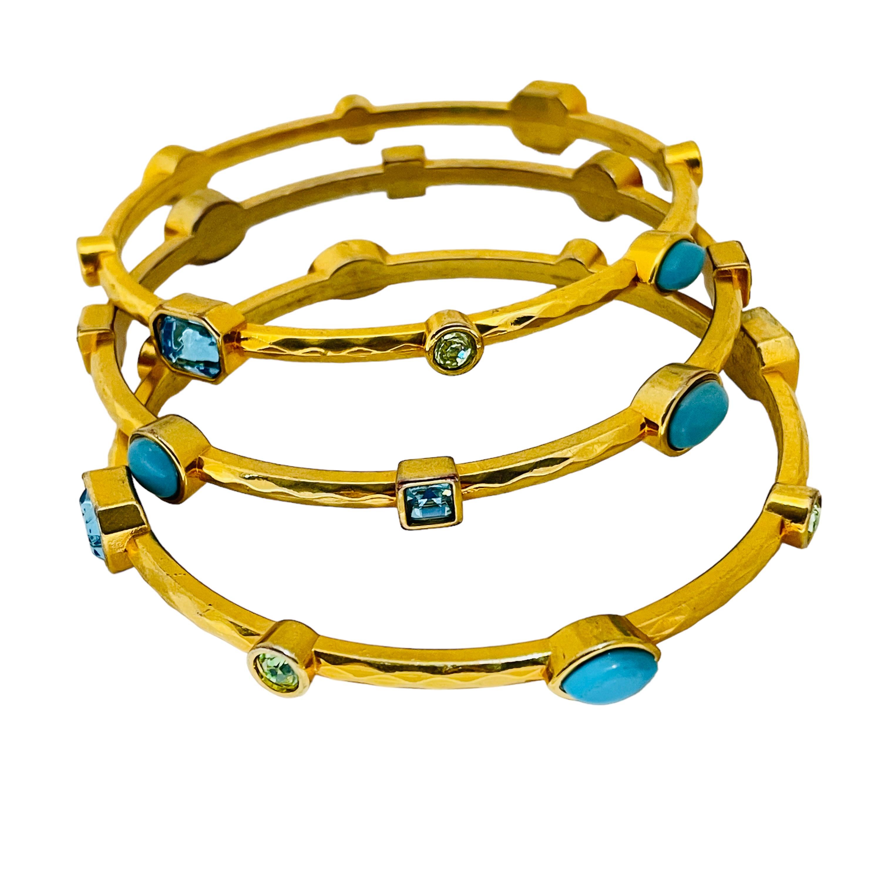 Women's or Men's Vintage gold faux turquoise set of 3 designer bangle bracelets  For Sale