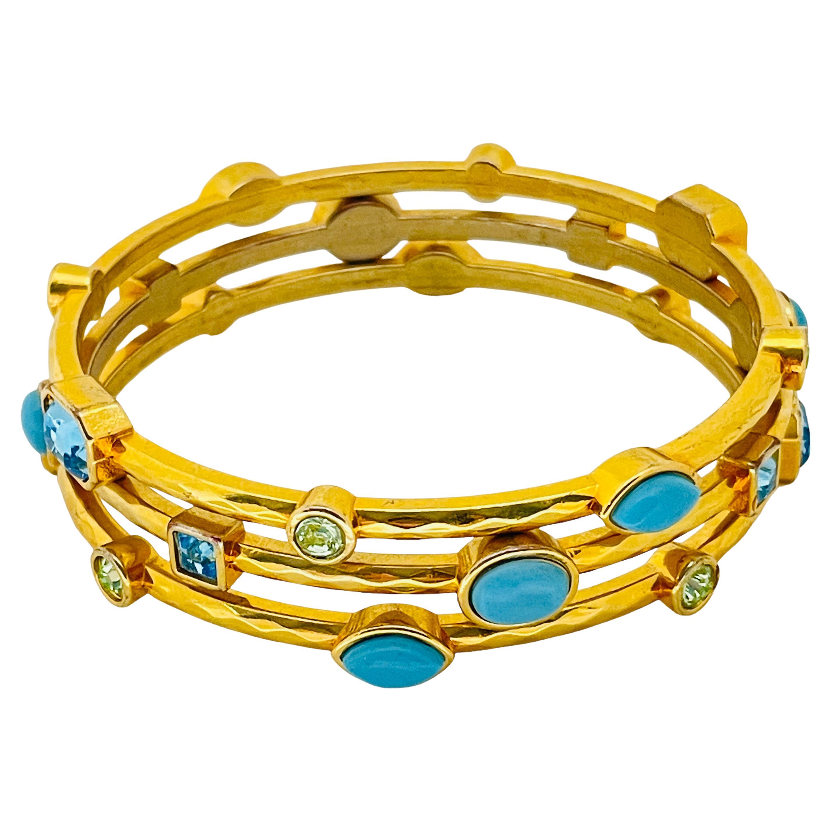 Vintage gold faux turquoise set of 3 designer bangle bracelets  For Sale