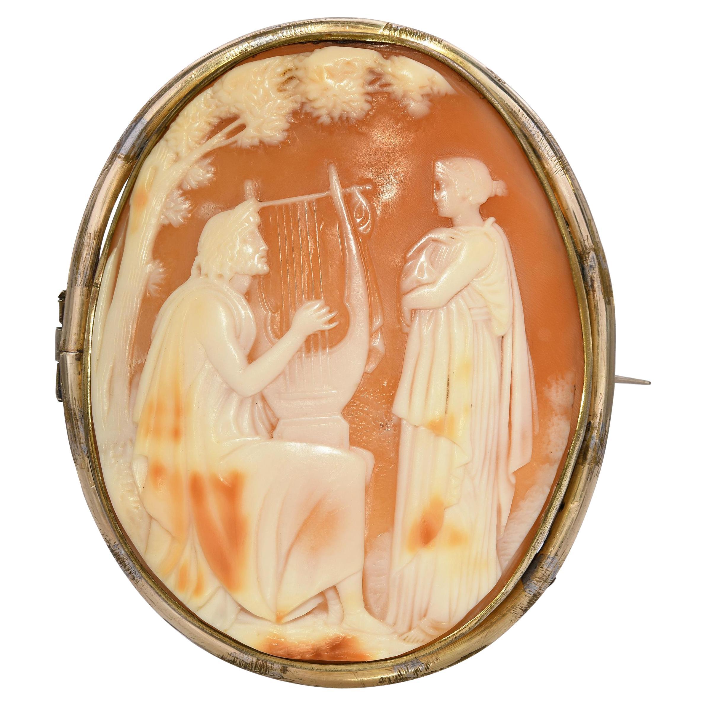 Broche Vintage Orpheus jouant de la lyre, camée en coquillage rempli d
or