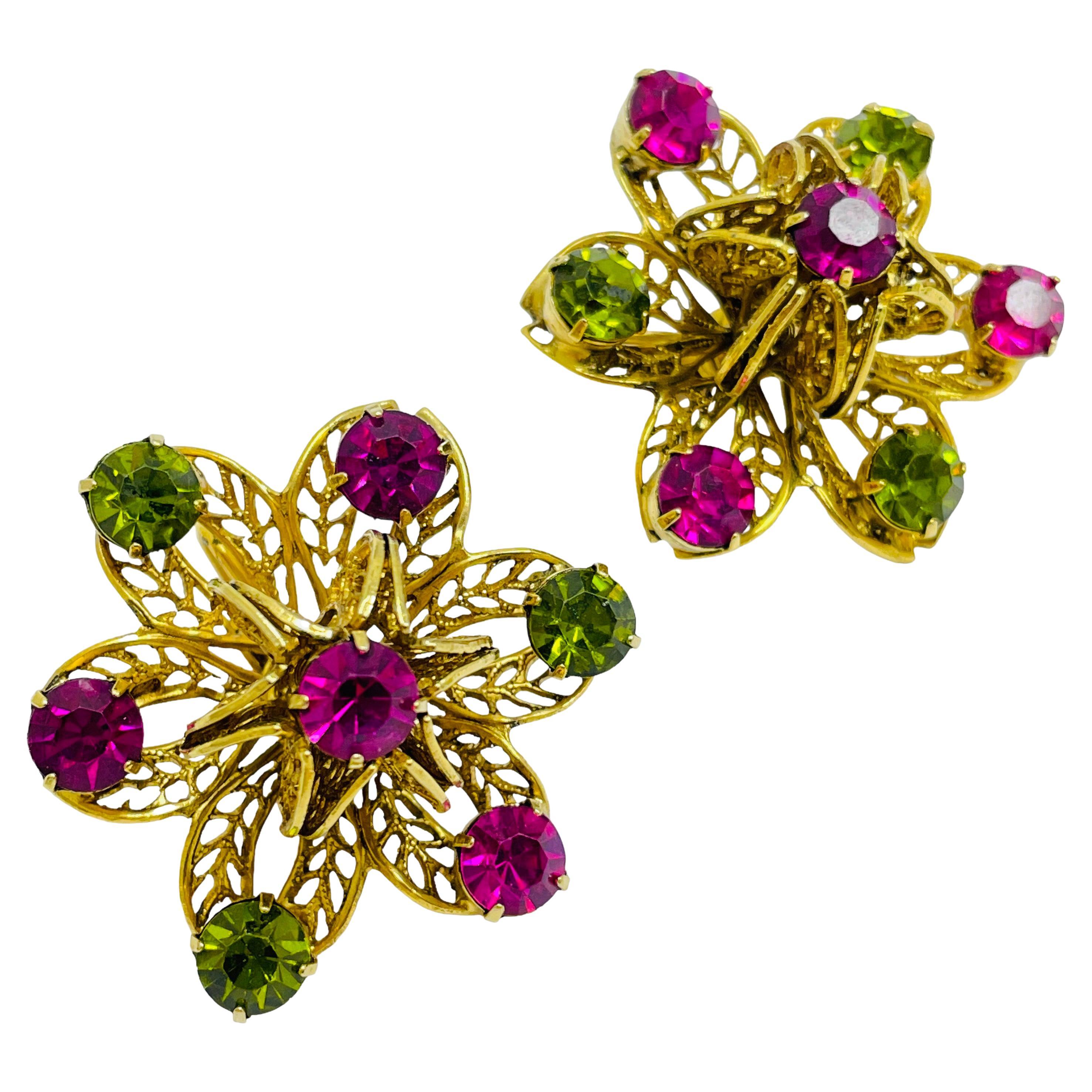 Vintage gold flower rhinestones designer runway clip on earrings For Sale