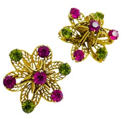 Vintage gold flower rhinestones designer runway clip on earrings