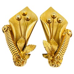 Vintage gold flowers designer clip on earrings