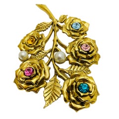 Vintage gold flowers pearls rhinestones designer brooch