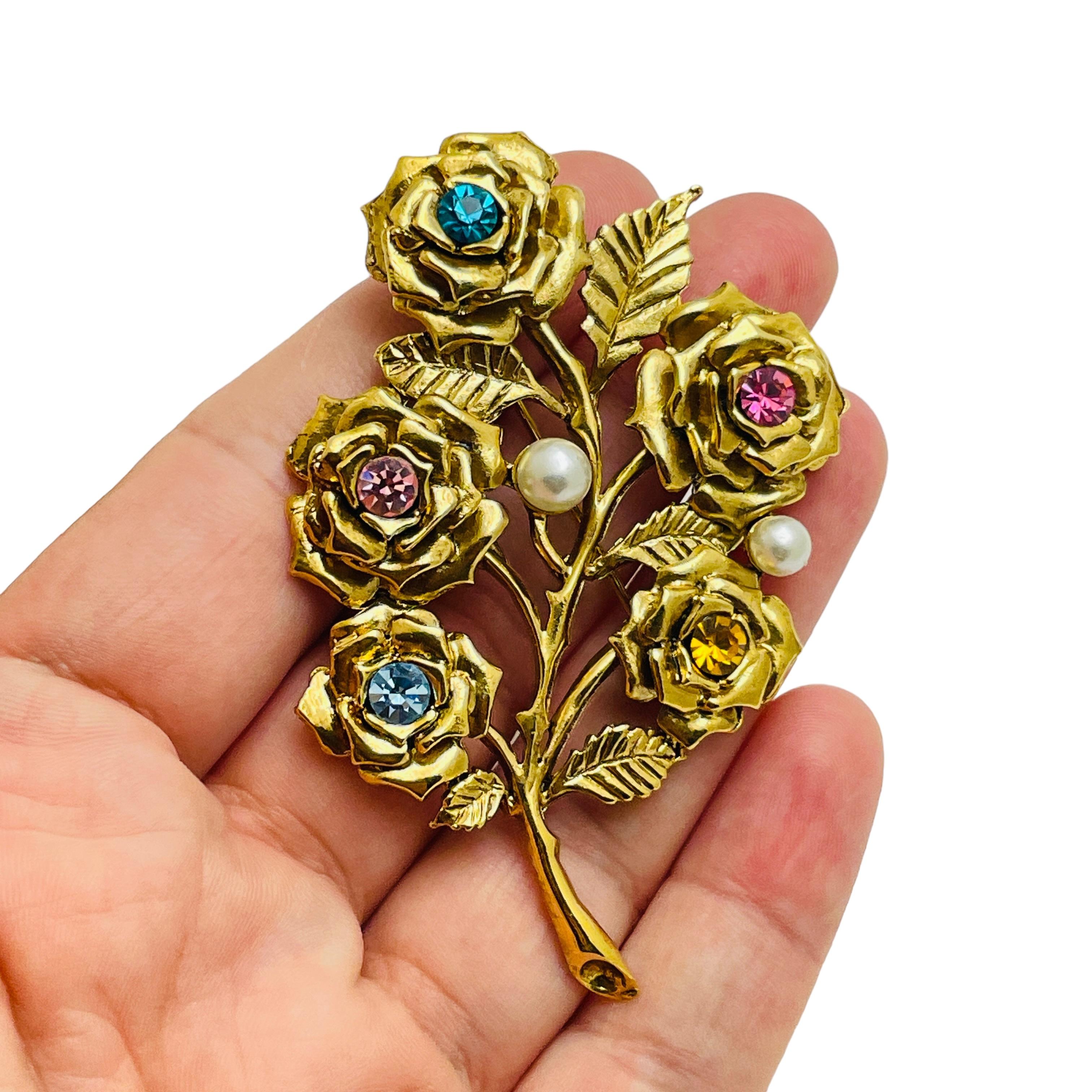 Women's Vintage gold flowers pearls rhinestones designer brooch