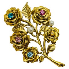 Vintage gold flowers pearls rhinestones designer brooch