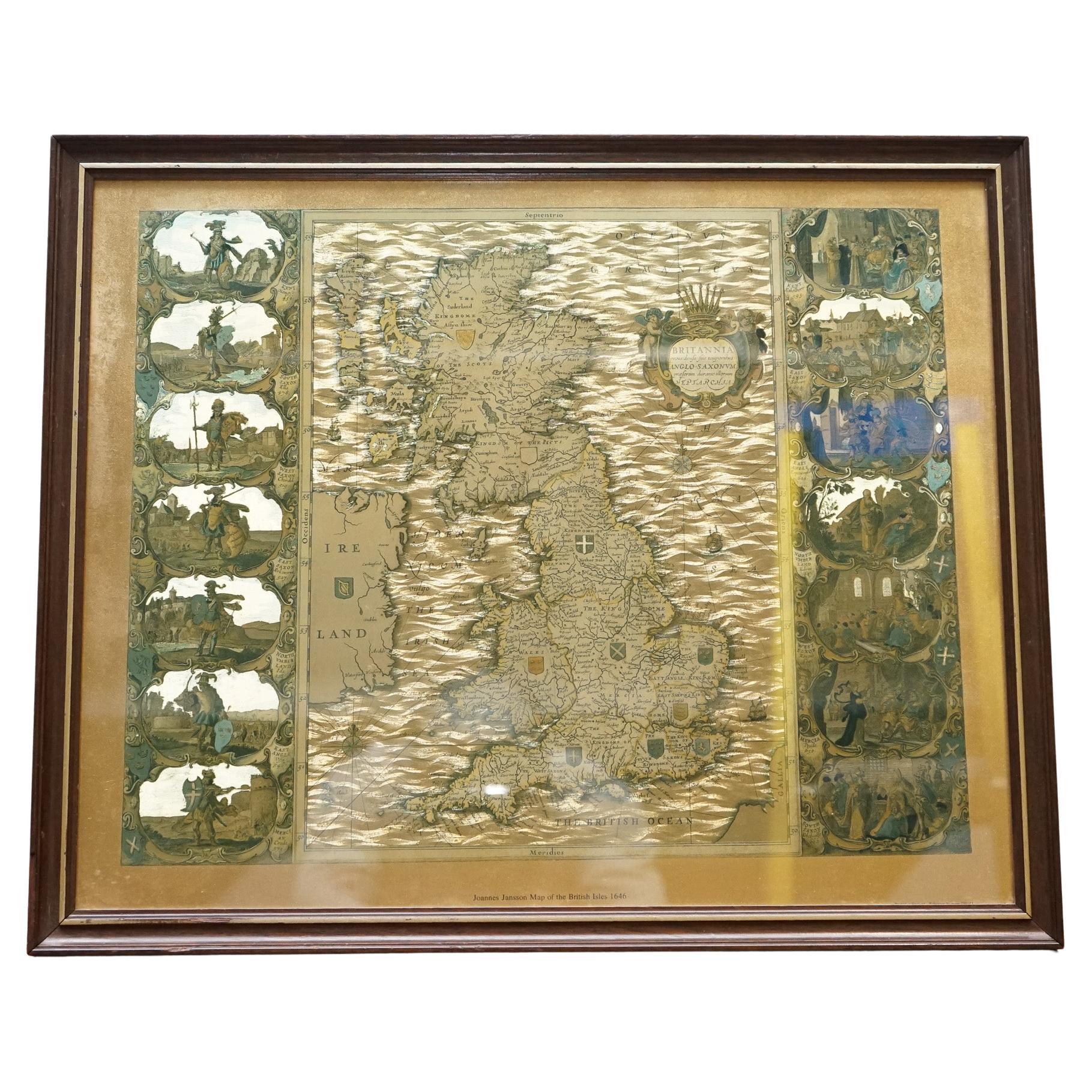 VINTAGE FOLIO DE ORO MAPA DE LAS ISLAS BRITÁNICAS 1646 POR JOANNES JANSSEN