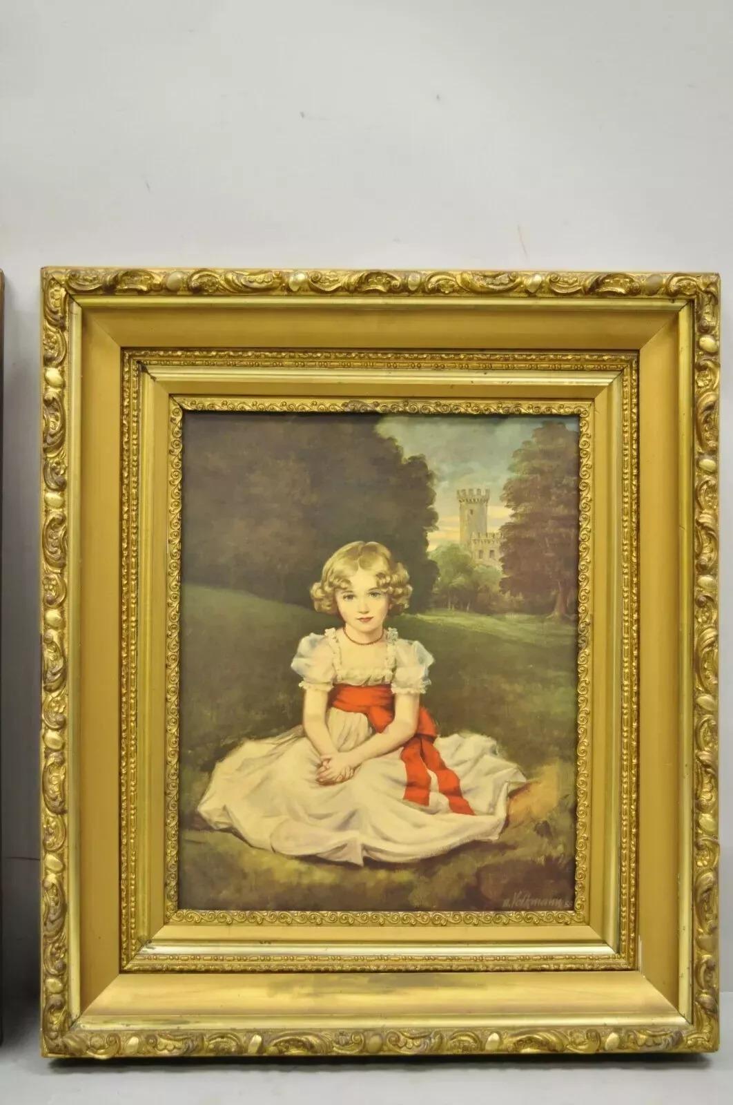 Victorien Vintage Gold Frame Hans Volkmann Art Print Little Princesse Girl Lord Seaham Boy en vente