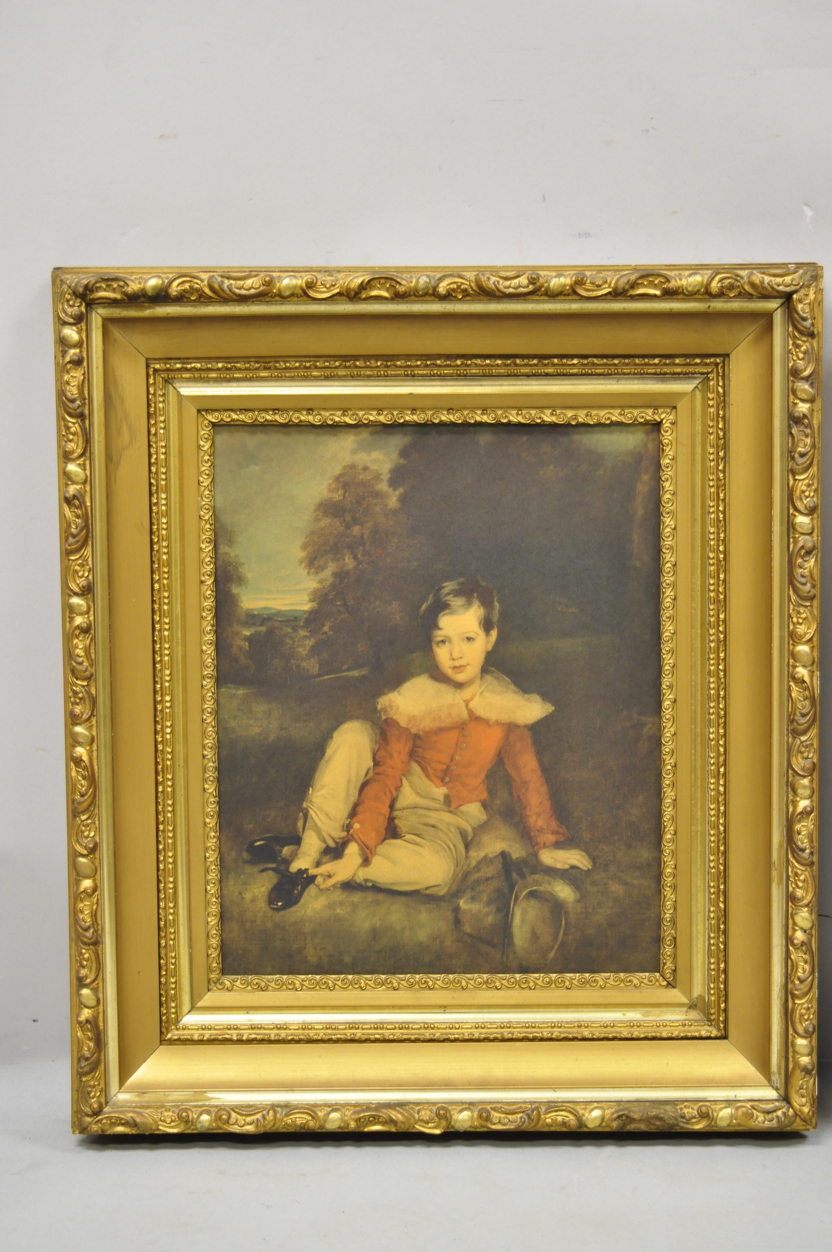 Vintage Hans Volkmann art print little princess girl lord Seaham boy gold gilt frame - a pair. Item features prints of young boy and young girl in what appears to be an English setting, very nice antique pair, great style and form. Very nice gold