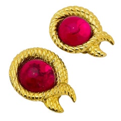 Vintage gold fuchsia pink glass designer runway clip on earrings