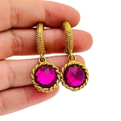 Vintage gold fuchsia pink glass designer runway pierced earrings