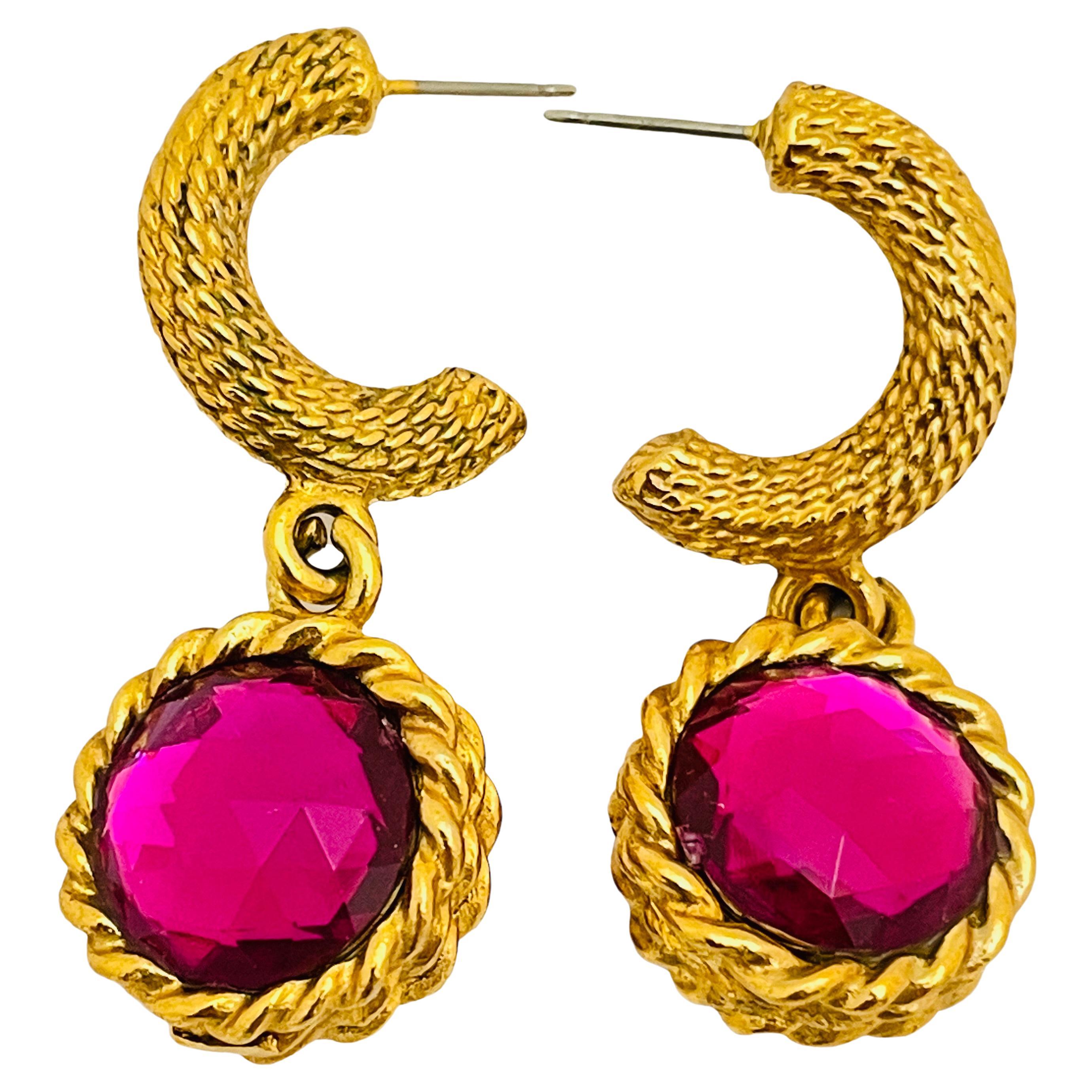 Vintage gold fuchsia pink glass designer runway pierced earrings For Sale