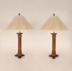 Vintage Gold Gilded Bronze and Turned Burl Wood Athenian Tripod Table Lamps