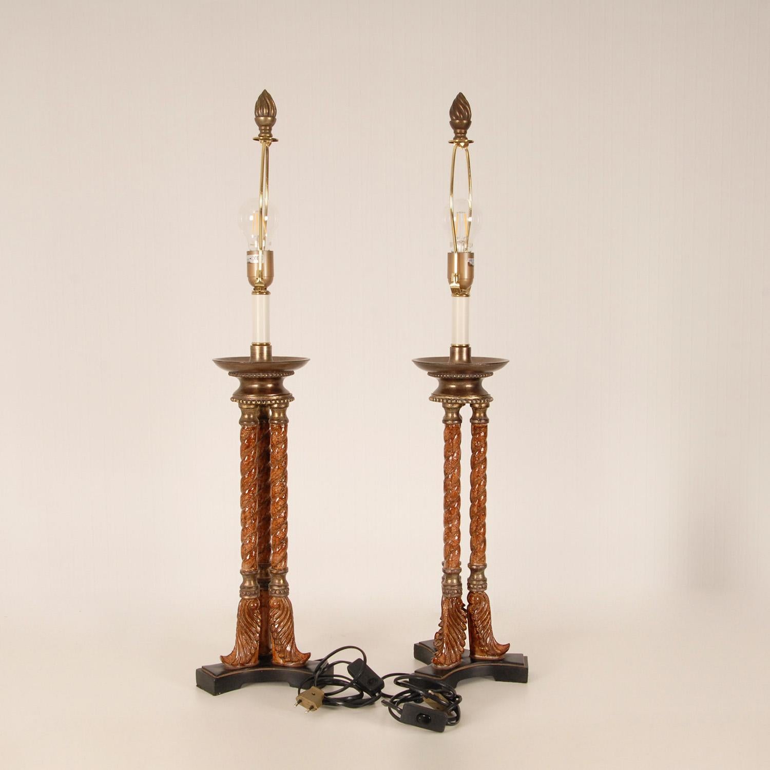 Neoclassical Revival Vintage Gold Gilded Bronze and Turned Burl Wood Athenian Tripod Table Lamps For Sale
