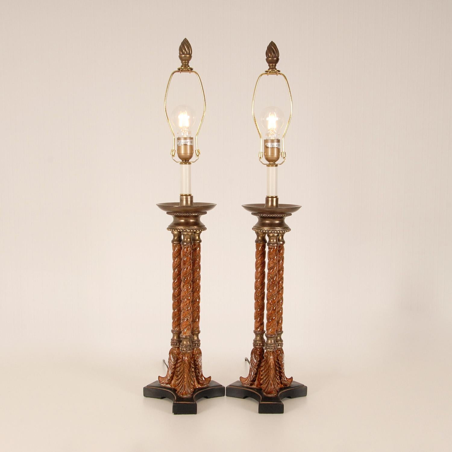 French Vintage Gold Gilded Bronze and Turned Burl Wood Athenian Tripod Table Lamps For Sale