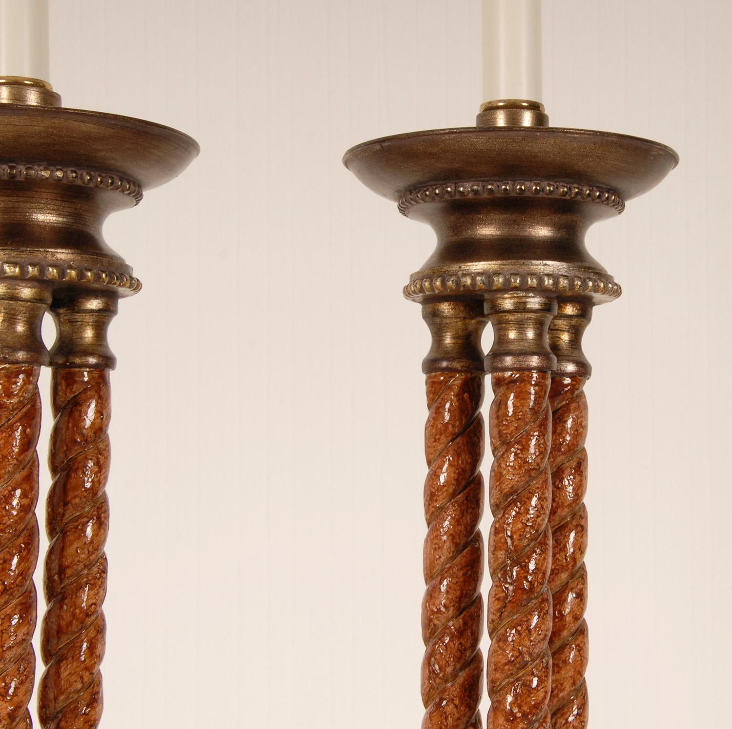 Vintage Gold Gilded Bronze and Turned Burl Wood Athenian Tripod Table Lamps In Good Condition For Sale In Wommelgem, VAN