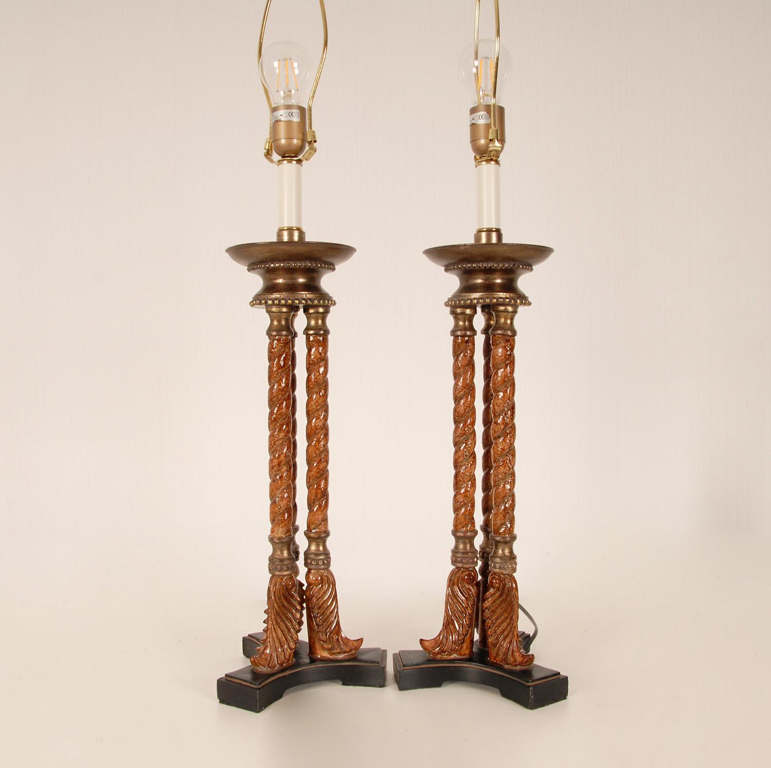 Acrylic Vintage Gold Gilded Bronze and Turned Burl Wood Athenian Tripod Table Lamps For Sale