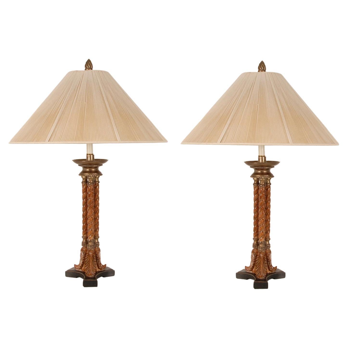 Vintage Gold Gilded Bronze and Turned Burl Wood Athenian Tripod Table Lamps