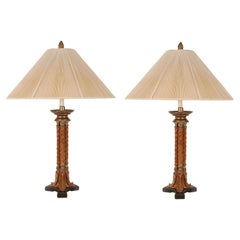 Used Gold Gilded Bronze and Turned Burl Wood Athenian Tripod Table Lamps