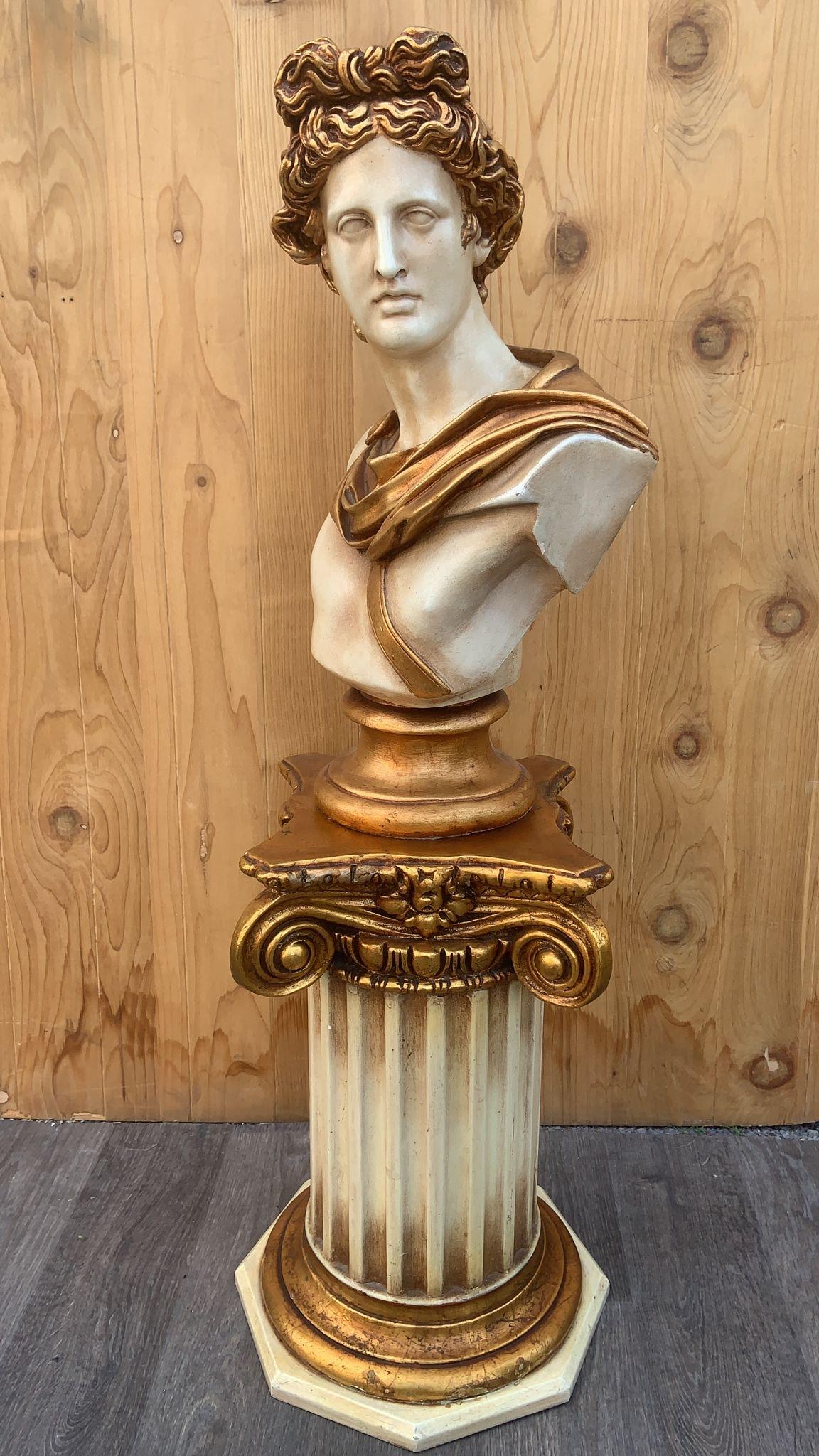 Vintage Gold Gilt Apollo Bust with Column Pedestal  For Sale 2