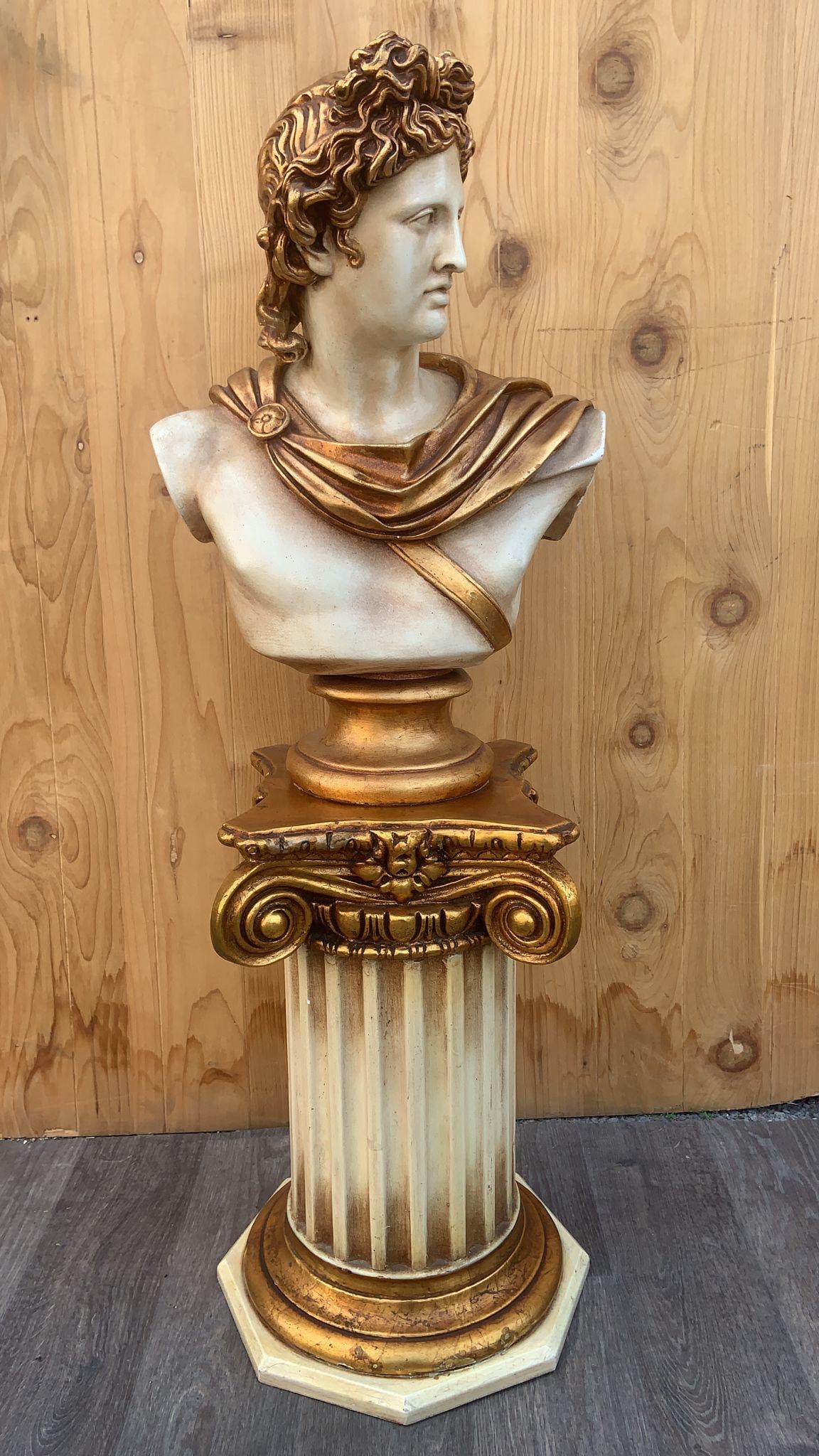 Hand-Crafted Vintage Gold Gilt Apollo Bust with Column Pedestal  For Sale