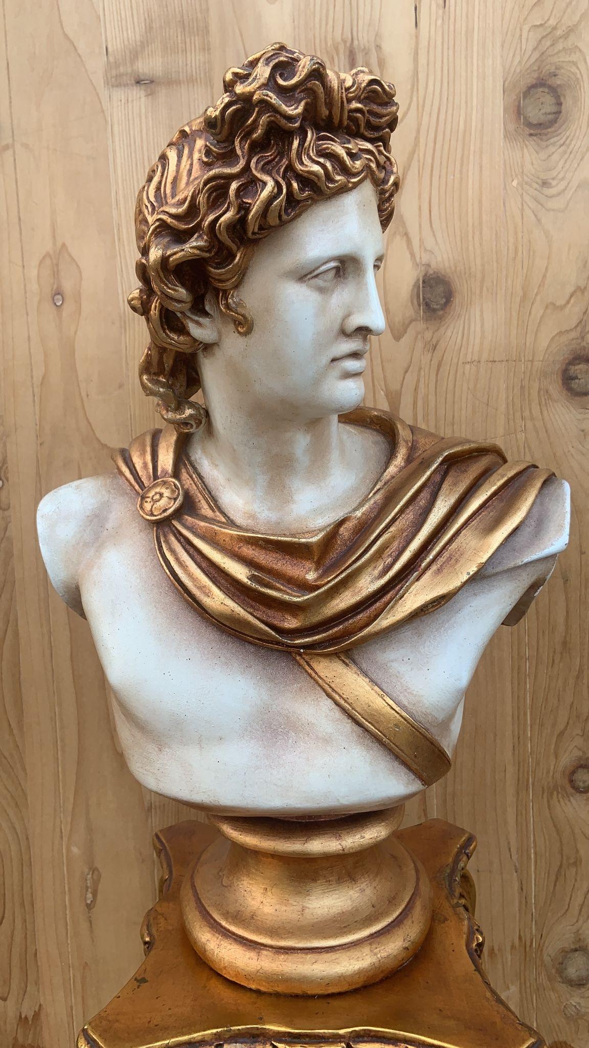 Resin Vintage Gold Gilt Apollo Bust with Column Pedestal  For Sale